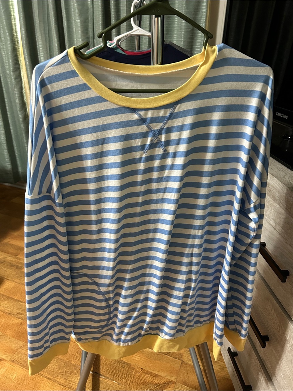 SHEIN Blue and White Striped Crewneck Sweatshirt with Yellow Trim